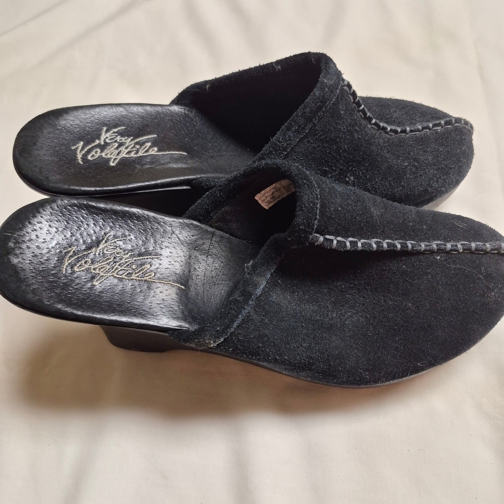 Very Volatile Womens Black Suede Platform Wedge Mules Whipstitch Size 10 Y2K 90s